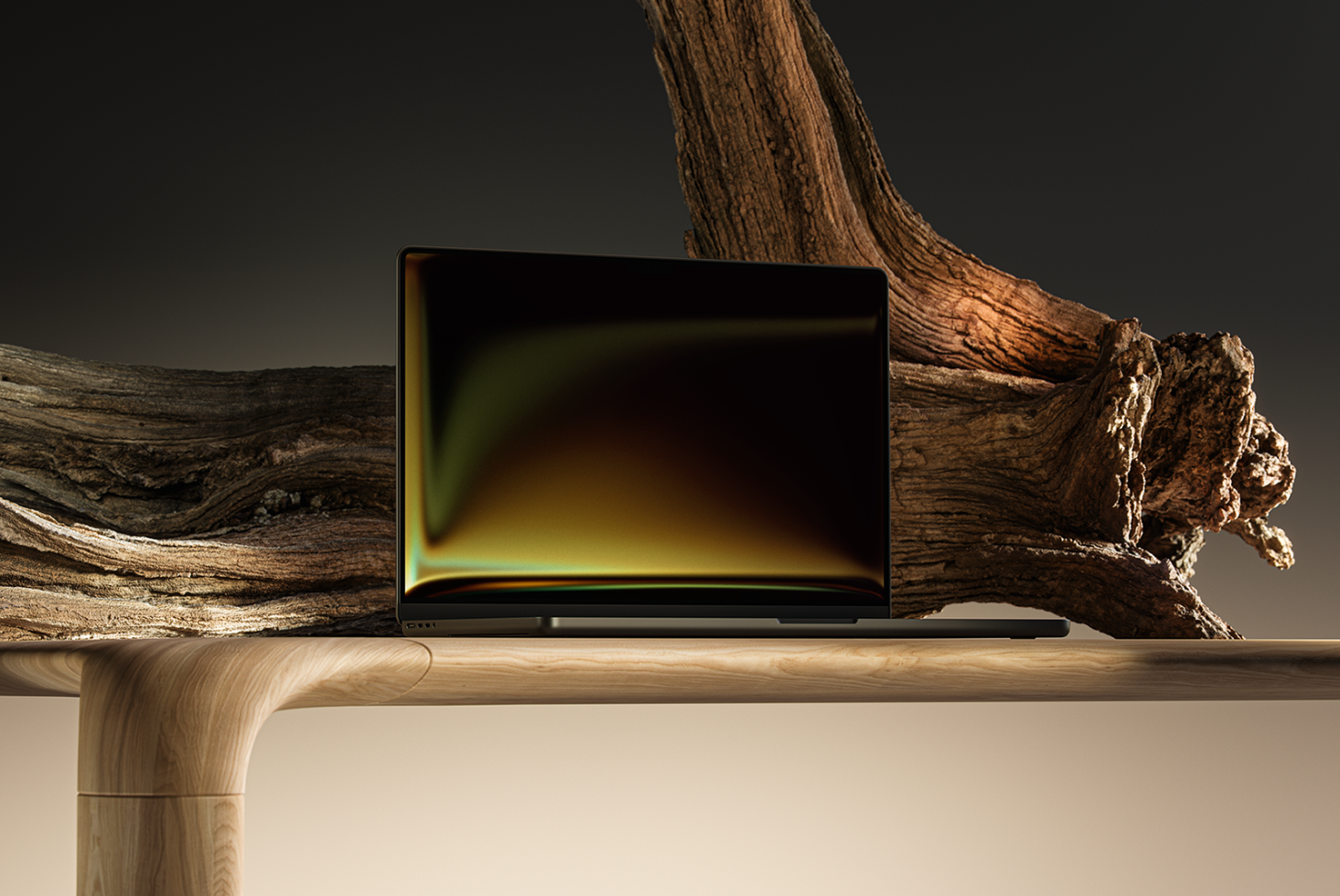 Laptop mockup on a wooden table with a natural wood background, ideal for showcasing digital designs, templates, or branding assets for designers.