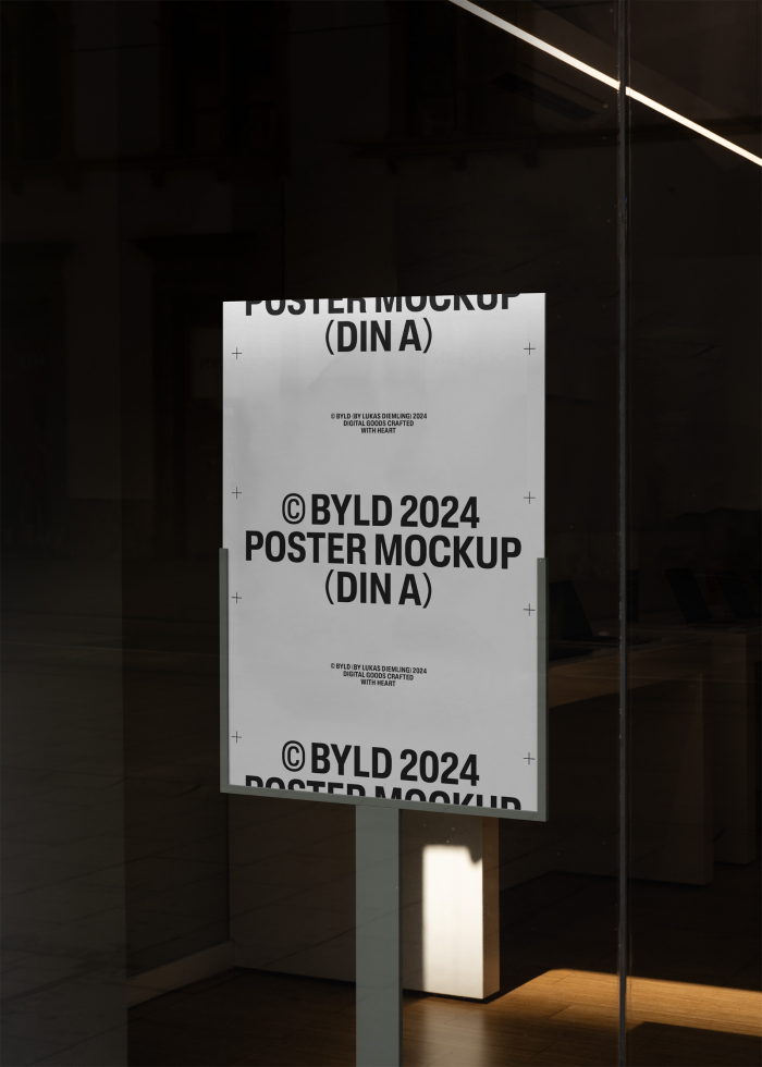 Poster mockup template on glass window ideal for showcasing design previews. High-quality mockup suitable for digital assets perfect for designers.