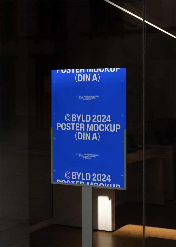 Modern display window featuring BYLD poster mockup in DIN A size. Ideal for designers seeking professional mockups templates for showcasing poster designs.