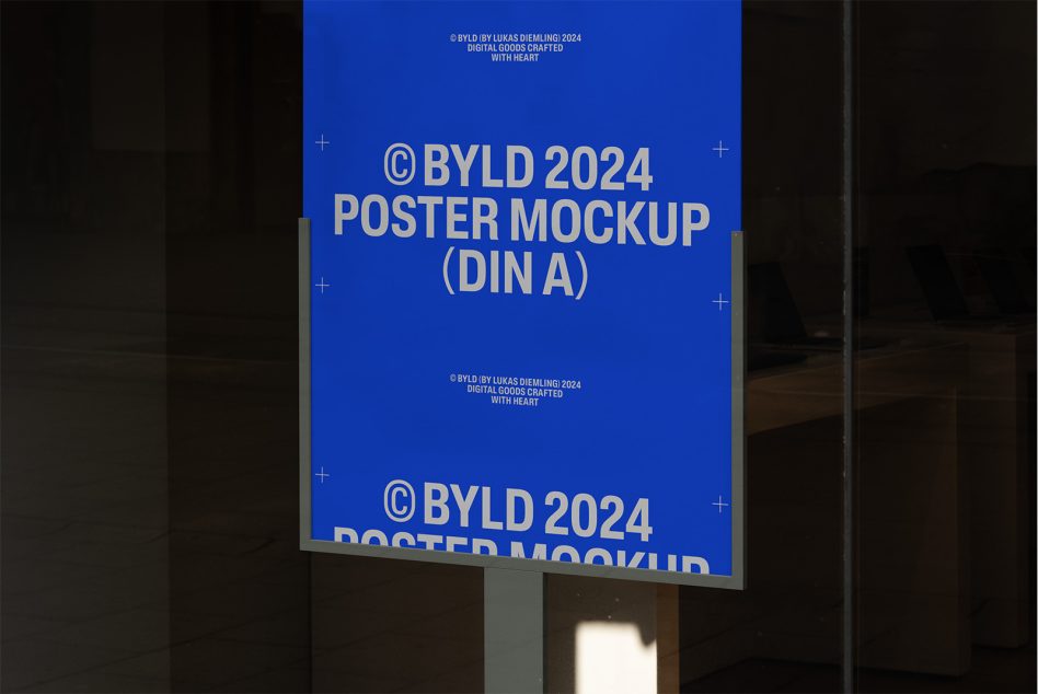 Bright blue DIN A poster mockup on metal stand with gold typography, dark background