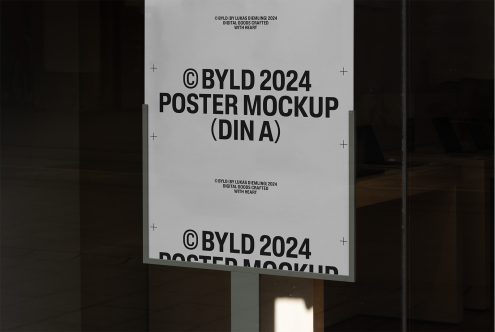 Poster Mockup 2024 designed by BYLD on display. Ideal for designers seeking high-quality mockup templates for showcasing poster designs. Black text on white.