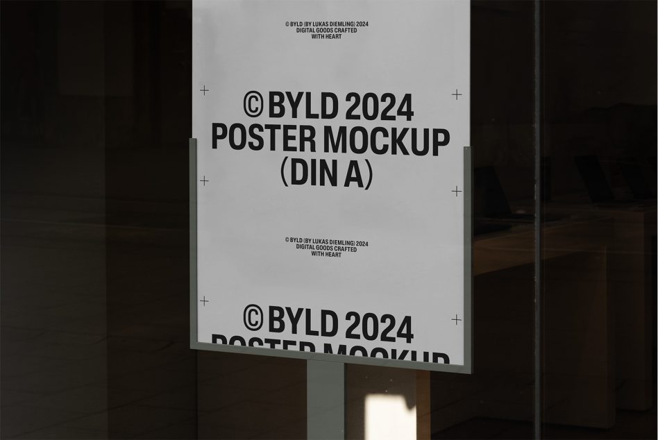 DIN A poster mockup displayed on metal stand in dark space