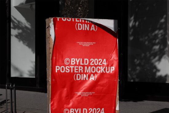 Red poster displaying BYLD 2024 Poster Mockup DIN A perfect for showcasing designs in outdoor settings ideal for designers seeking high-quality graphics.