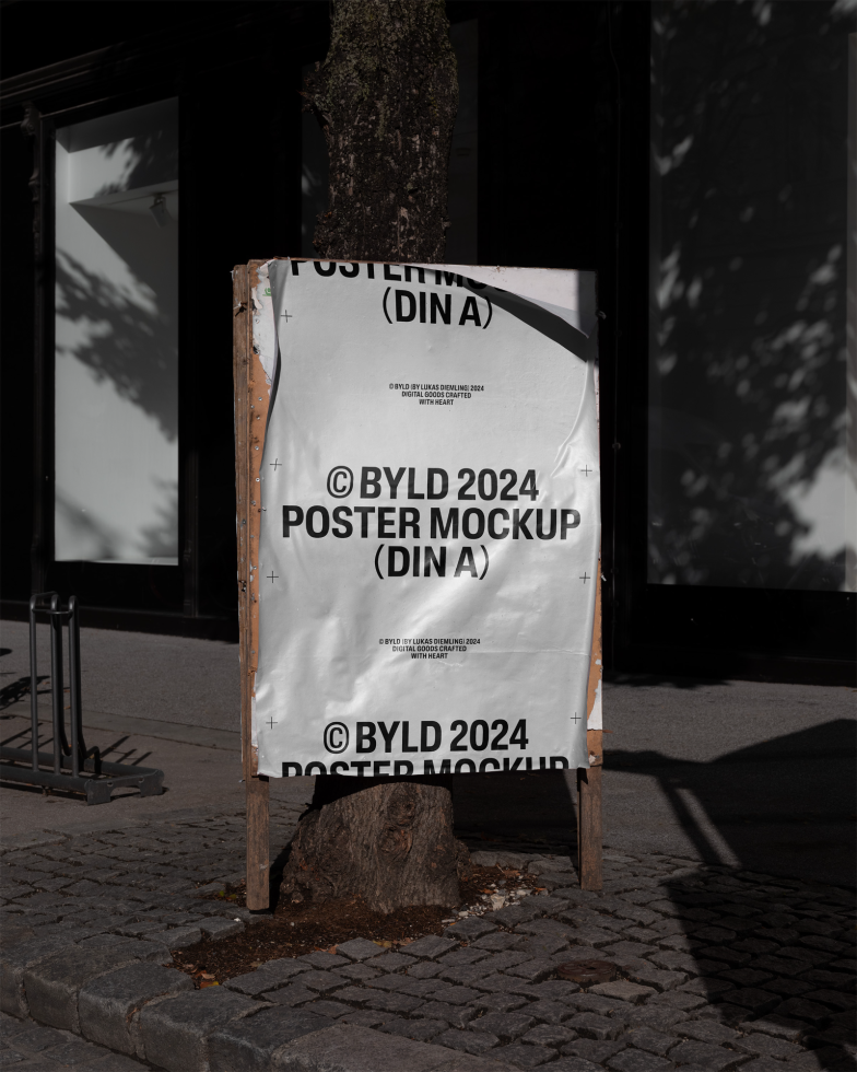 Outdoor poster mockup on a tree trunk with city background great for showcasing design layouts. Ideal for digital assets marketplace in mockups and templates category.