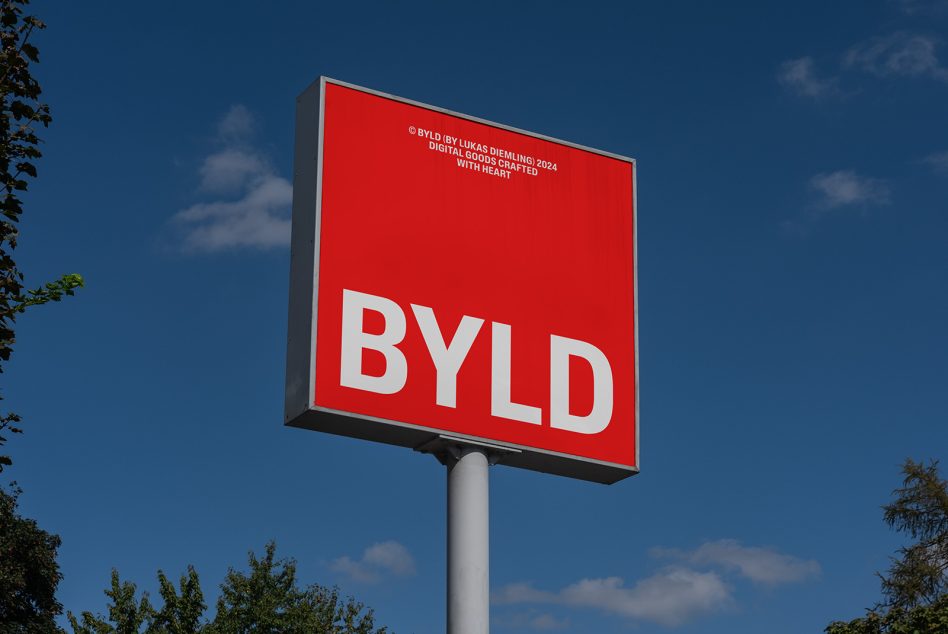 Square red signboard mockup with bold white BYLD text against blue sky suitable for branding and advertising design presentation available for download