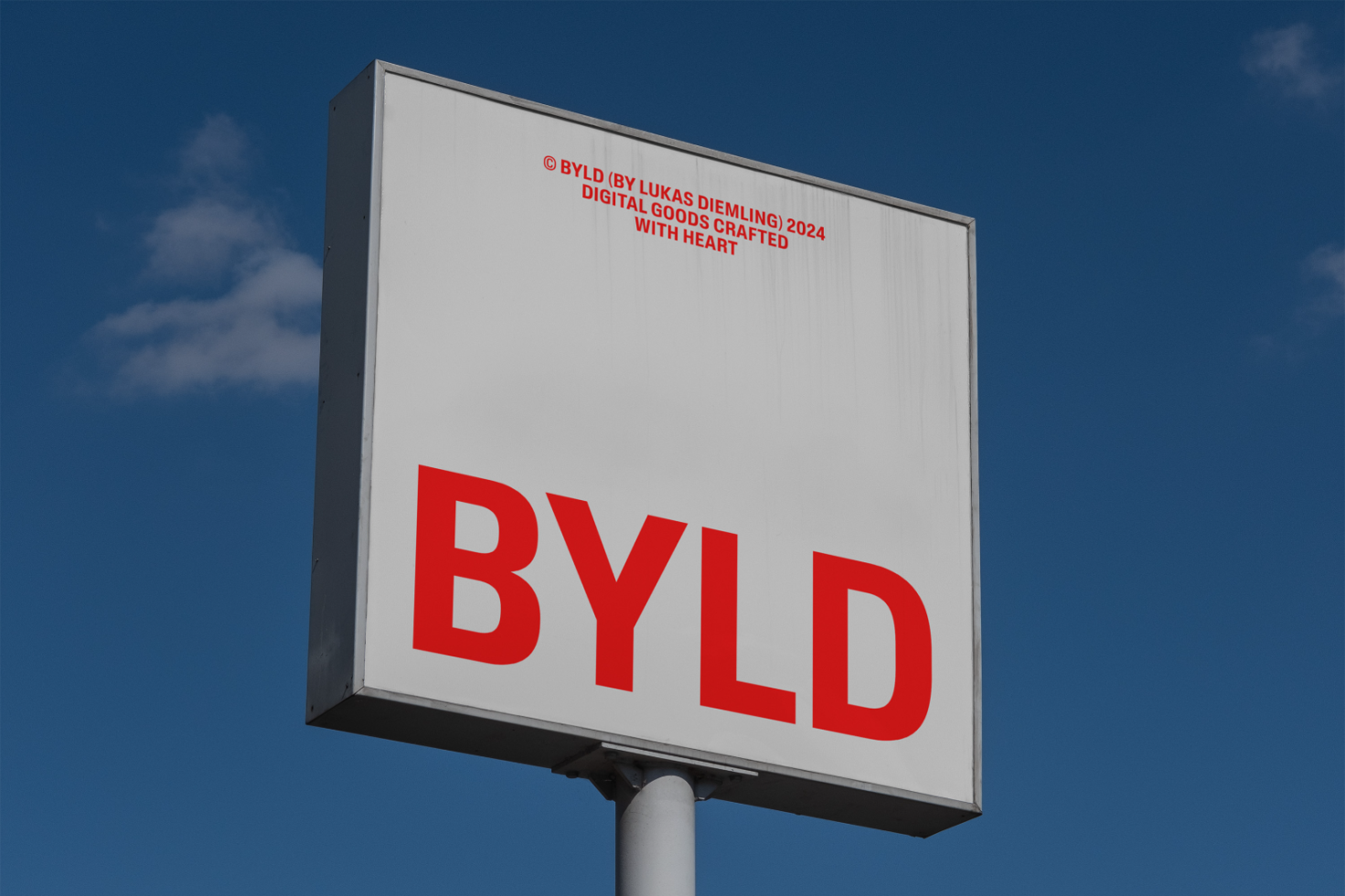 Mockup of square sign with red BYLD text on white background against blue sky. Ideal for branding, signage design, digital assets, templates.