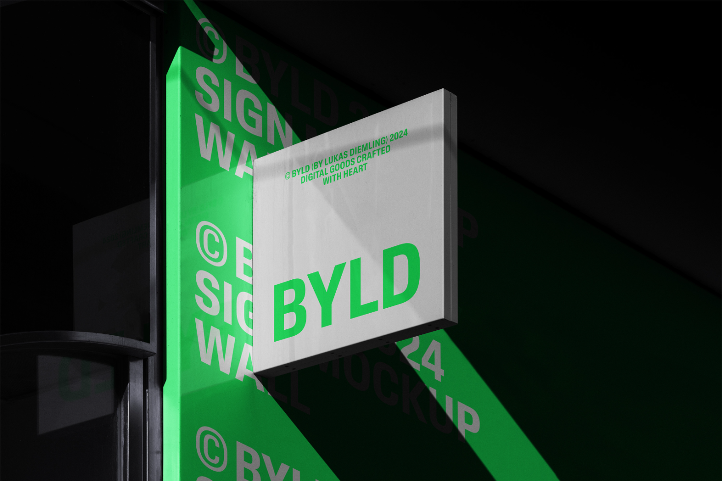 Mockup of a hanging wall sign with bold green text reading BYLD suitable for designers wanting high-quality branding and signage presentation assets.