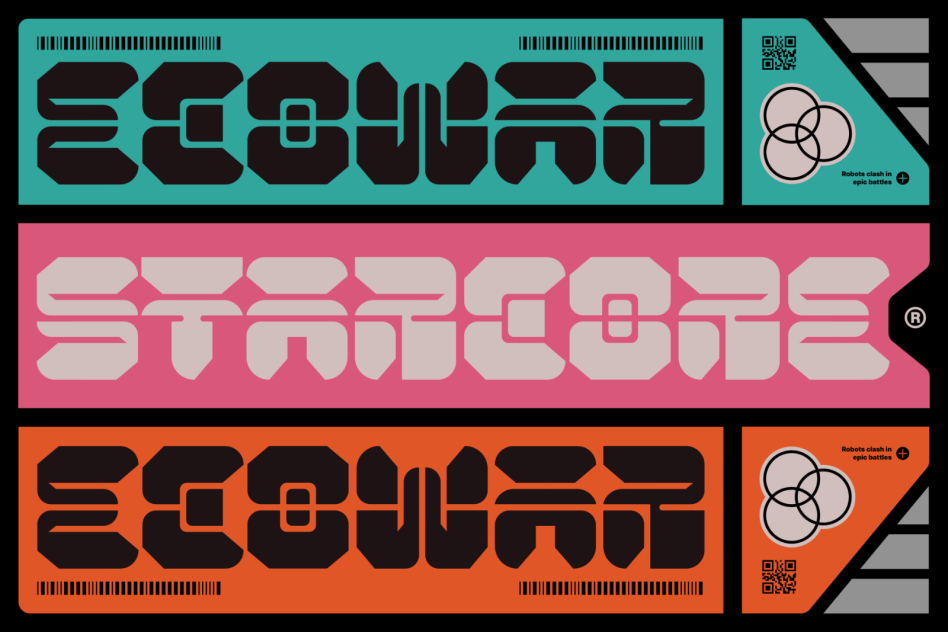 Futuristic sci-fi font design showcasing bold geometric letters in vibrant teal, pink, and orange colors ideal for digital asset design, typography, and templates.