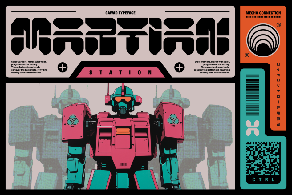 Futuristic robot illustration with bold typography. Ideal for graphic design, poster, and branding projects. Combines mecha, sci-fi, and tech elements.