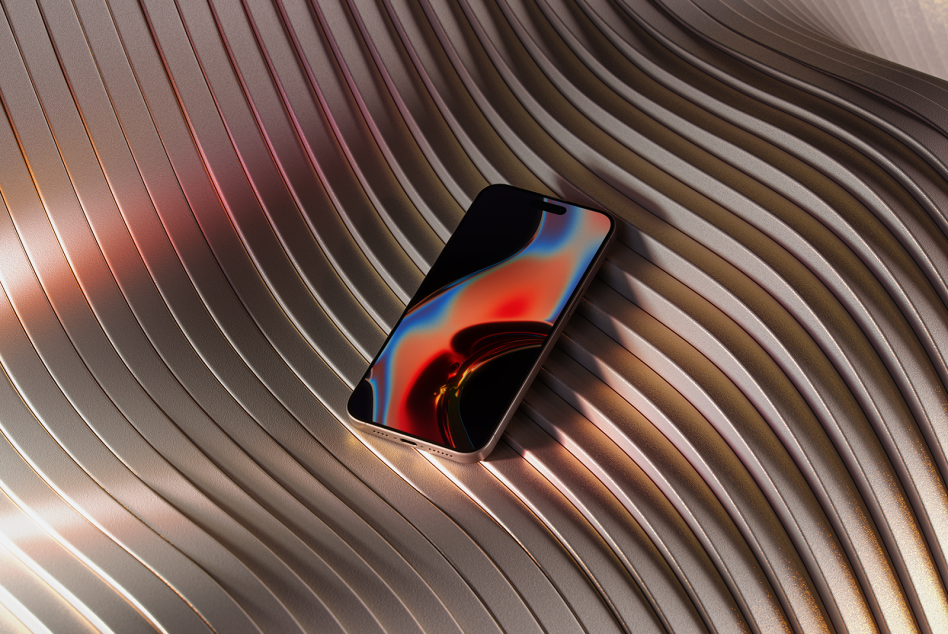 Phone on corrugated surface showing red blue abstract swirl screensaver