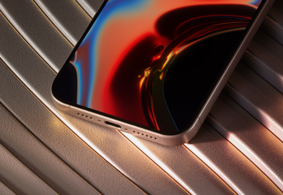 Phone on metallic ridged surface displaying vibrant red blue gradient wallpaper