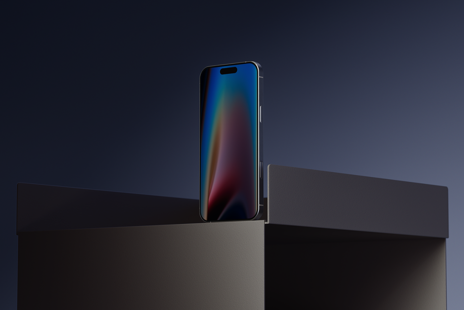 Modern smartphone standing upright on a dark pedestal, perfect for technology mockup and promotional designs. High-quality digital asset for designers.