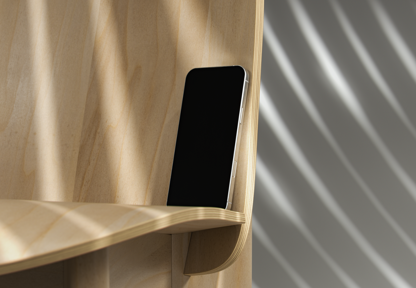 Modern smartphone mockup displayed on a wooden stand with a sleek backdrop showcasing minimalistic design. Ideal for designers seeking high-quality mockups.