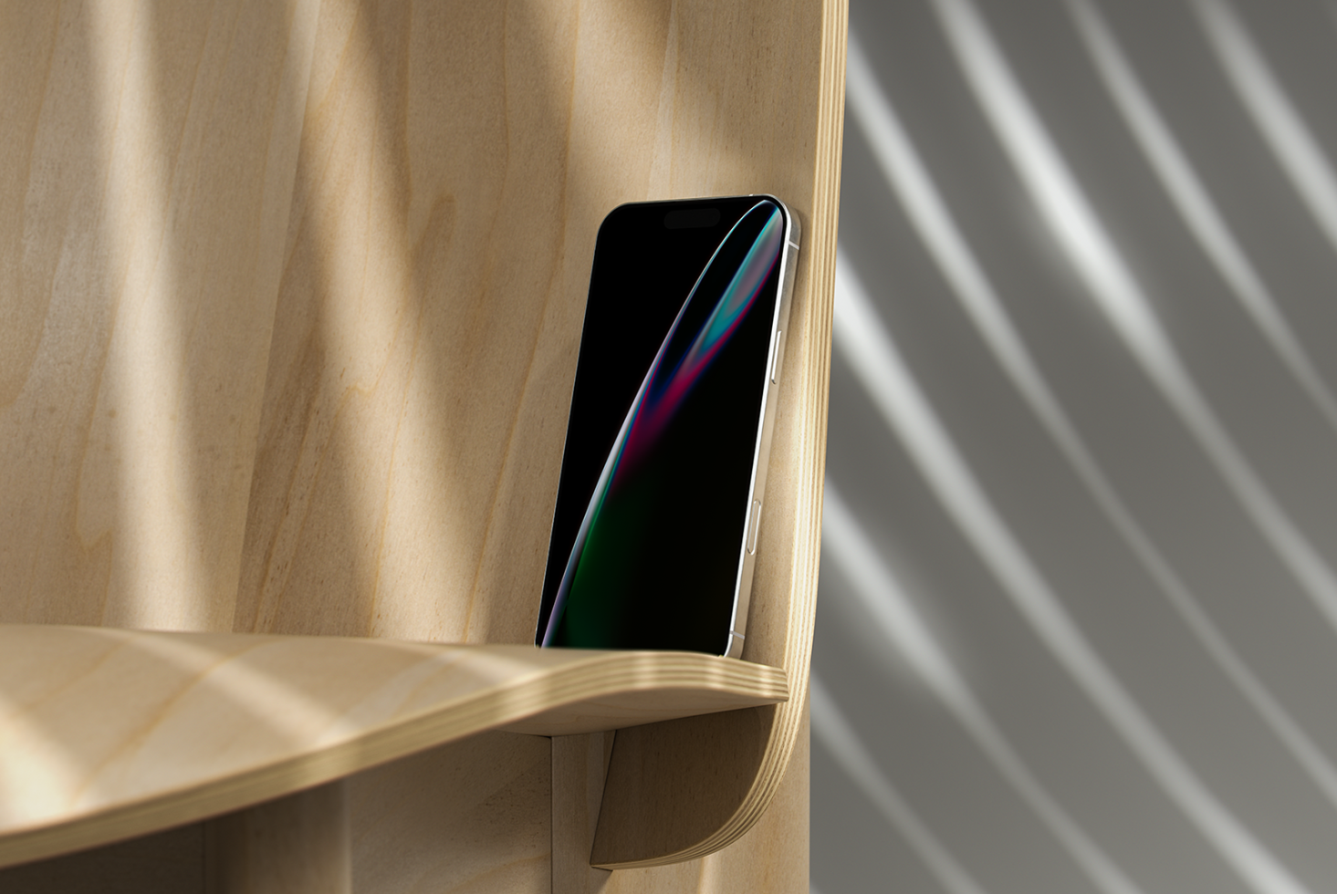 Smartphone mockup resting on a curved wooden shelf with modern interior lighting background; perfect for graphic designers and template creators.