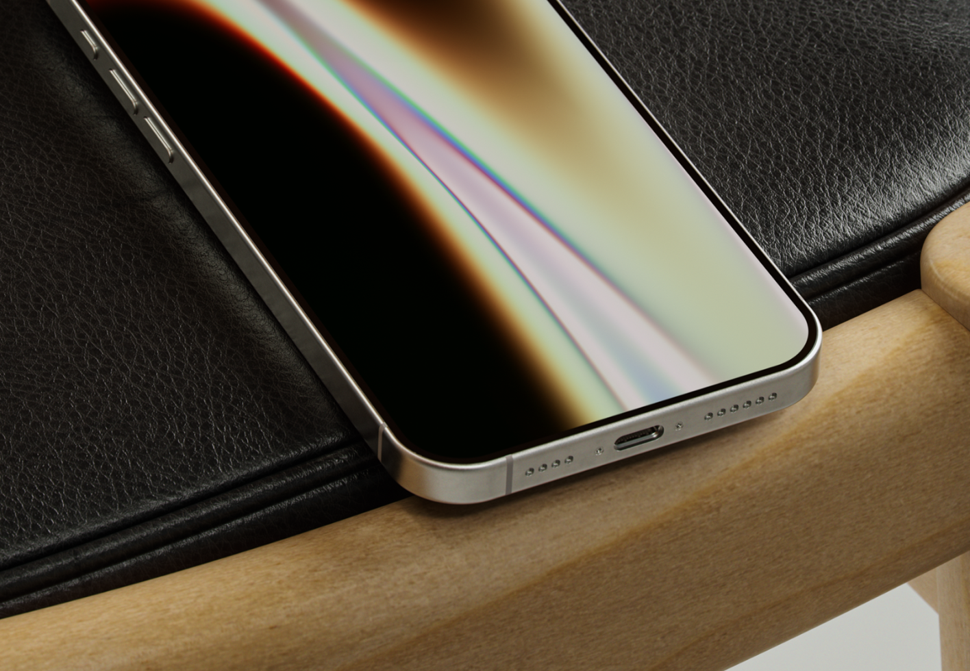 Close-up of a smartphone on a leather surface showcasing modern design and sleek metal edges, perfect for digital mockups, templates or designer graphics.