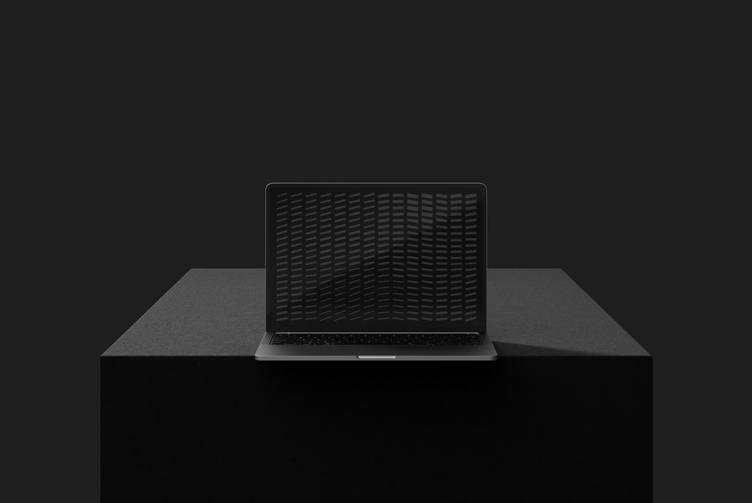 Minimalist dark laptop mockup on a black podium. Perfect for showcasing design projects, templates, graphics. Ideal for designers, digital assets.