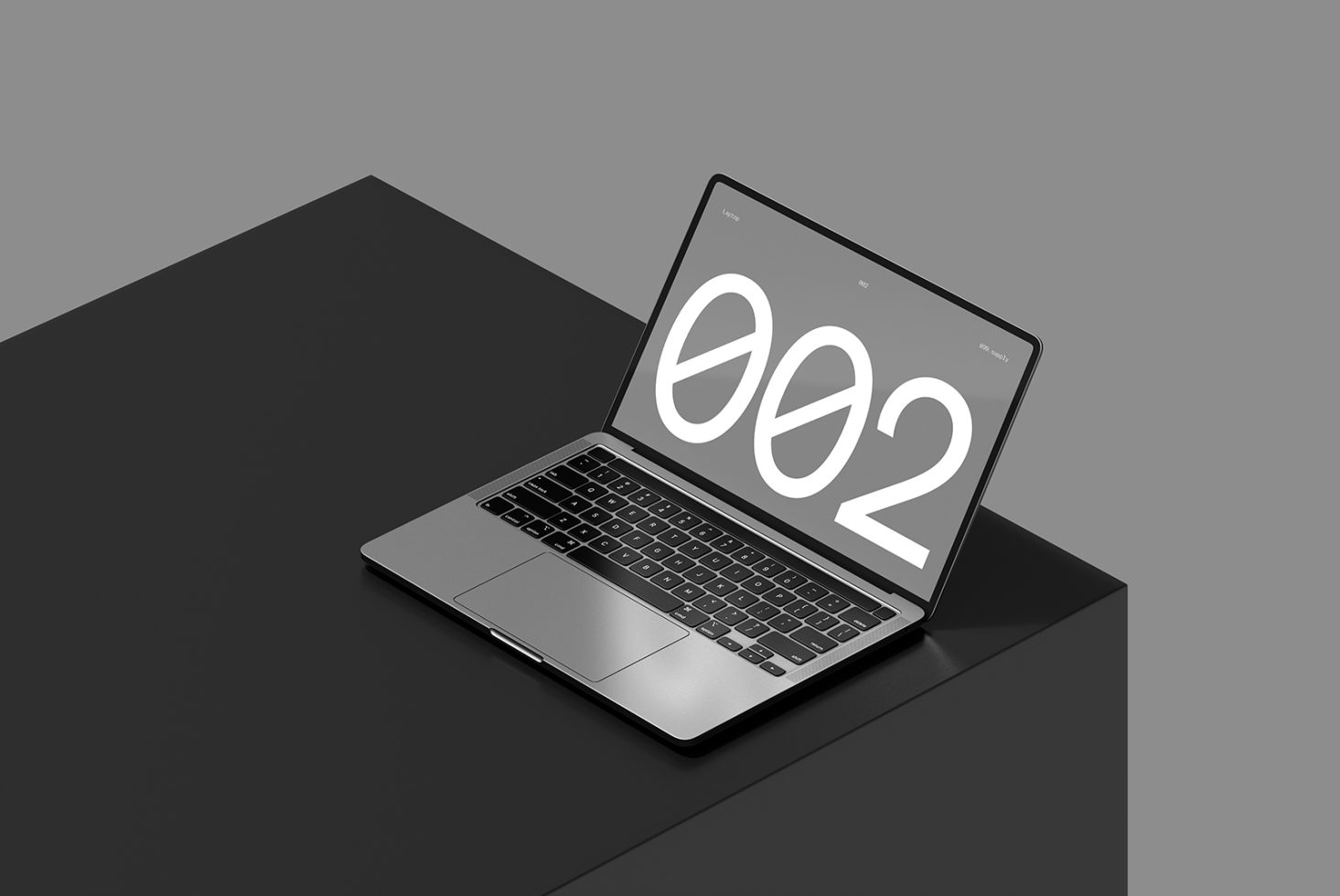 Laptop mockup on a sleek black podium with a minimalist design showing digital clock numbers on screen perfect for template and graphic design assets.