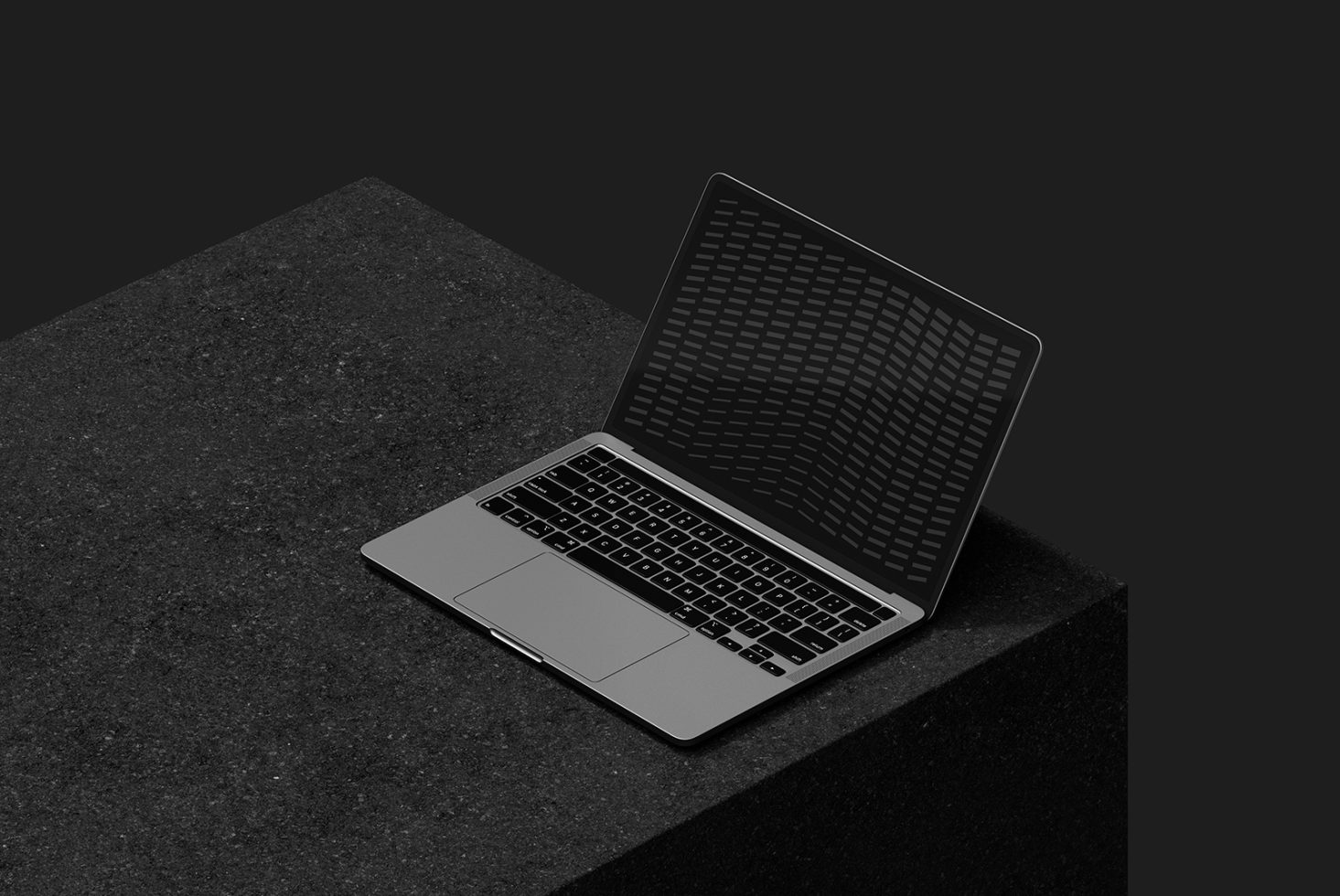 Minimalistic laptop mockup with a grayscale aesthetic for designers. Ideal for showcasing digital assets. Keywords: mockup, laptop, design, display.