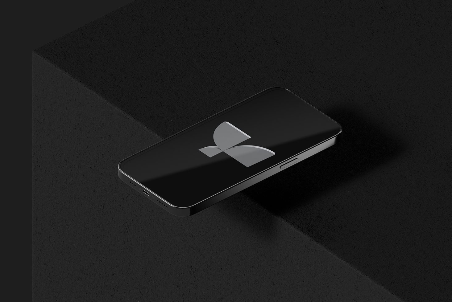 Minimalist smartphone mockup featuring sleek design with a black surface and abstract logo on dark textured background ideal for digital designers.