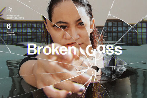 Broken glass effect with a woman in a pool background for Photoshop Smart Objects. Includes six unique effects. Perfect for graphic design templates.