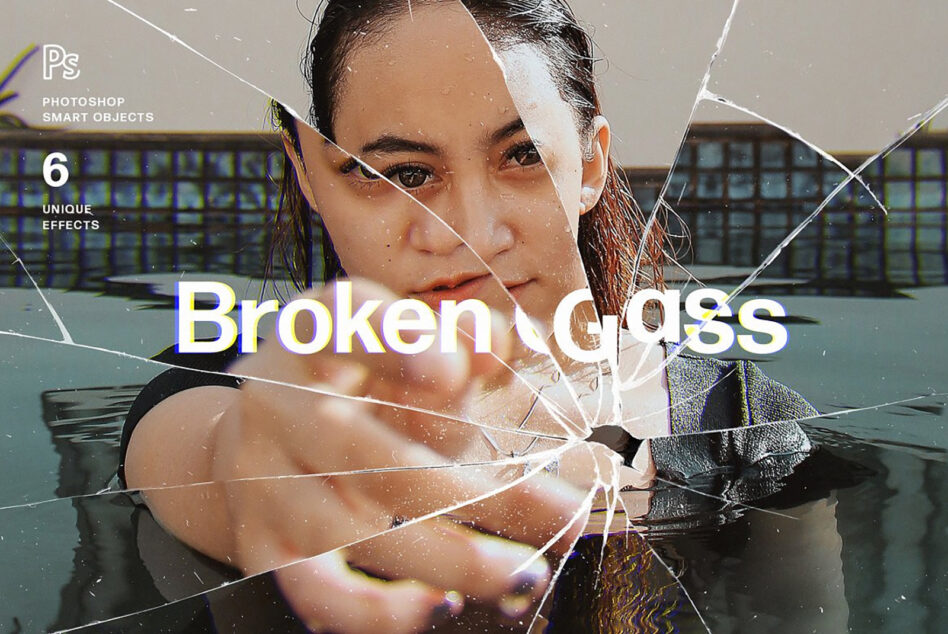 Broken glass effect with a woman in a pool background for Photoshop Smart Objects. Includes six unique effects. Perfect for graphic design templates.