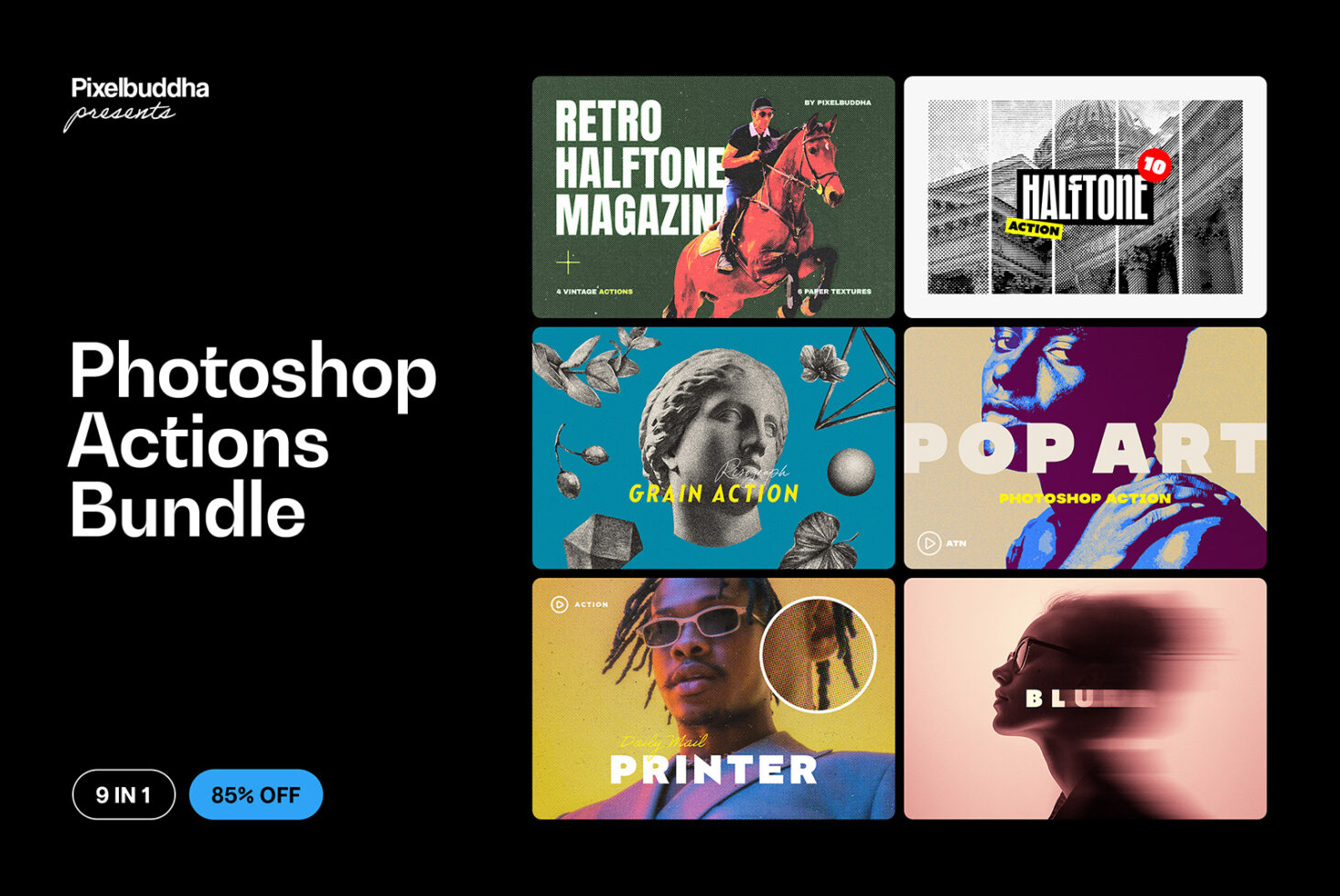 Photoshop Actions Bundle with retro, halftone, pop art effects for designers. Perfect for enhancing graphics with vintage style. Includes 9 actions.