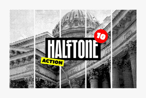 Halftone effect Photoshop action template featuring architectural graphic design with bold text. Perfect for creating vintage comic-style visuals.