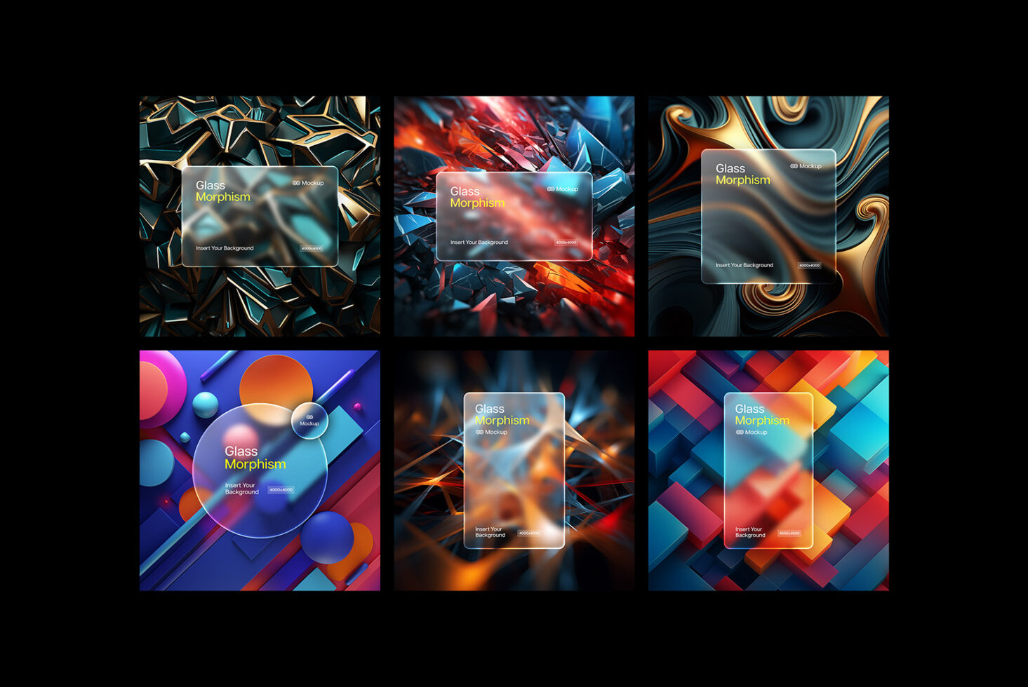 Collection of glass morphism mockup designs with abstract 3D backgrounds in vibrant colors ideal for designers featuring modern digital art aesthetics.