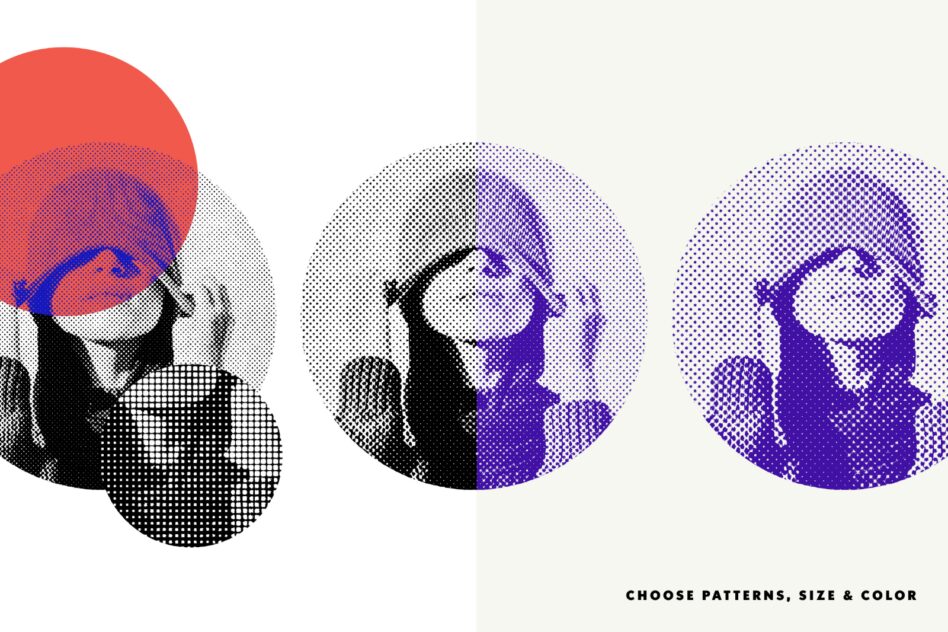 Halftone pattern graphics featuring a person with circles in red, blue, and black. Ideal for designers exploring unique textures and modern art templates.