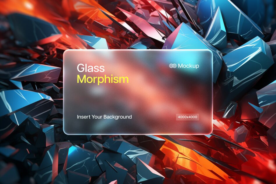 Glassmorphism mockup template displaying a frosted card overlaying an abstract, colorful shattered background ideal for graphic designers and digital artists.