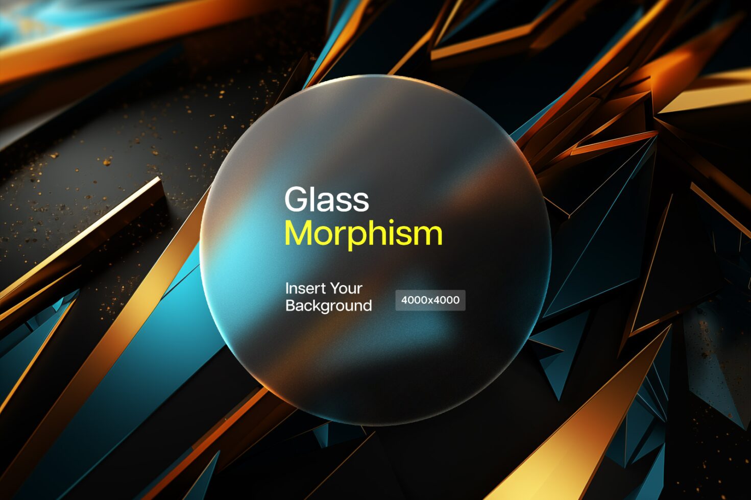 Glasmorphism mockup template featuring an abstract geometric background in blue orange tones highlighting a circular frosted glass effect for designers.