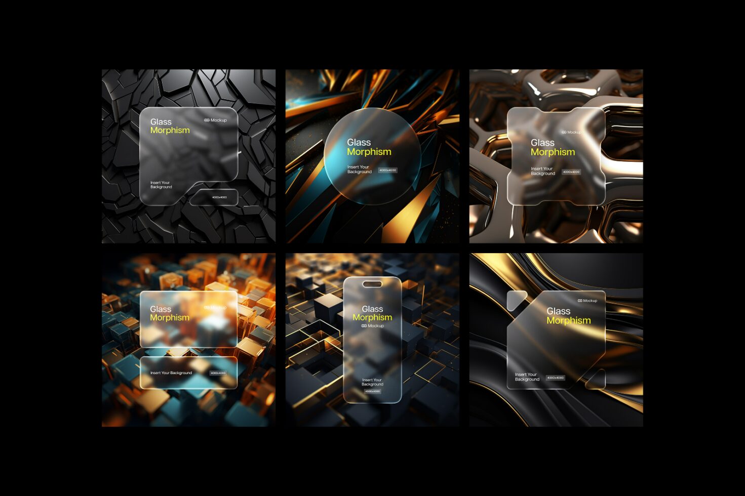 Six glass morphism mockup templates featuring abstract backgrounds in black and gold tones for digital design assets. Perfect for graphic designers.