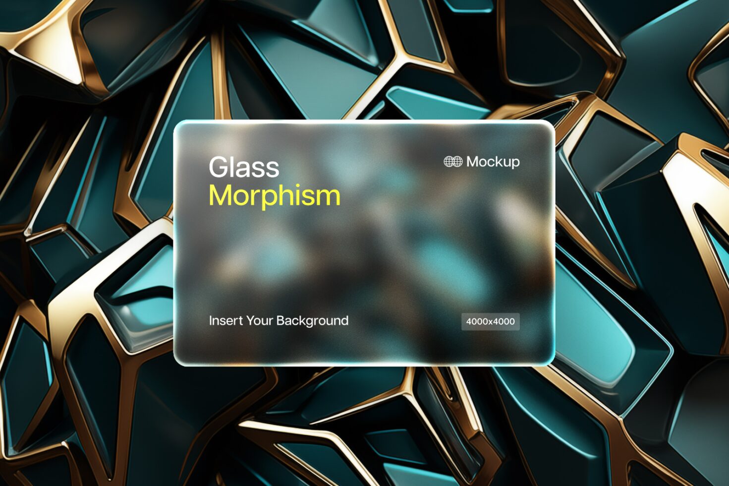 Glassmorphism mockup template for designers featuring abstract geometric background in teal and gold tones; ideal for showcasing creative digital assets.