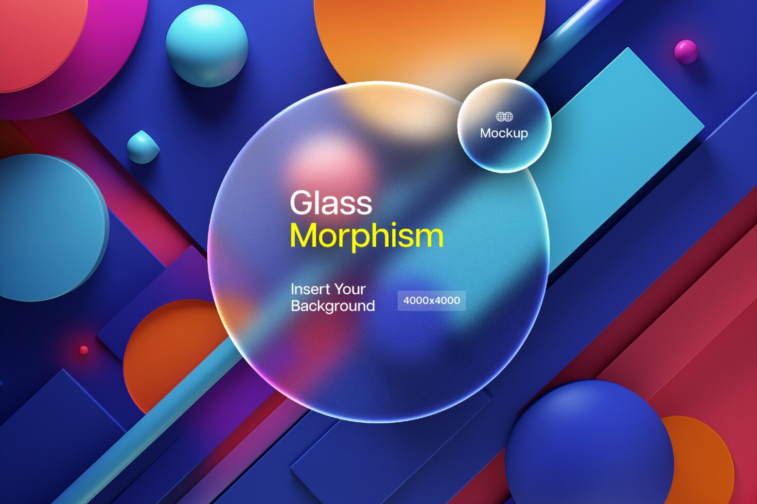 Colorful glassmorphism template mockup featuring abstract circular and rectangular shapes design background customizable 3D elements ideal for designers.