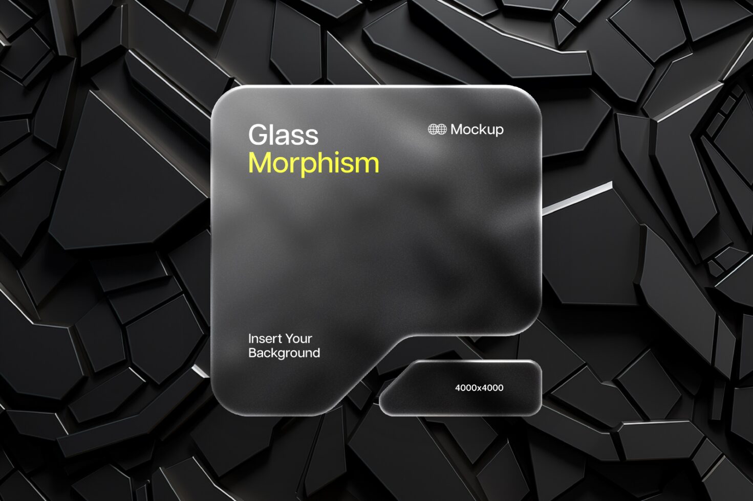 Glassmorphism mockup for designers featuring geometric black abstract background. Suitable for digital assets marketplace. Keywords: Mockup, Graphics.