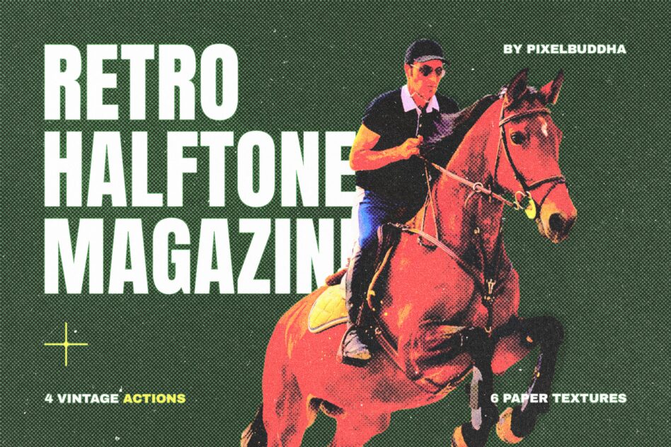 Retro halftone design featuring a rider on a horse. Includes 4 vintage actions, 6 paper textures. Ideal for graphic designers seeking nostalgic effects.