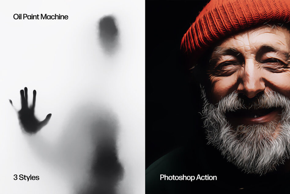 Dual-image of oil paint Photoshop action. Left shows a blurred silhouette with hand on glass, right features an older man in a red beanie. Design resource.