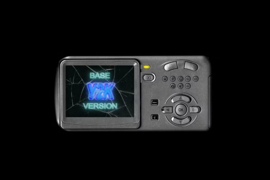 Digital camera with cracked screen displaying neon text Base Y2K Version. Perfect for retro design projects or as a graphic asset for designers.