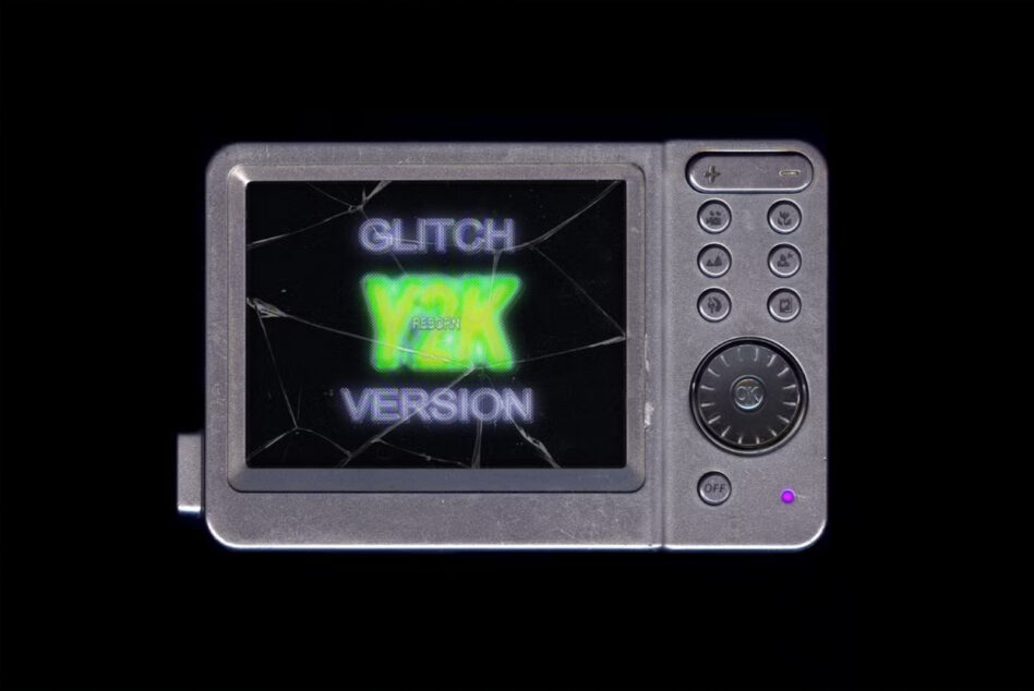 Vintage digital camera displaying glitch Y2K design. Cracked screen aesthetic for mockup and graphic design projects. Retro tech inspiration.