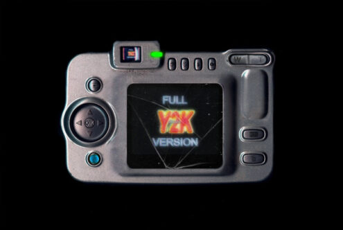 Y2K retro digital camera mockup with a cracked screen displaying full version. Ideal for designers seeking vintage style graphics and nostalgic templates.