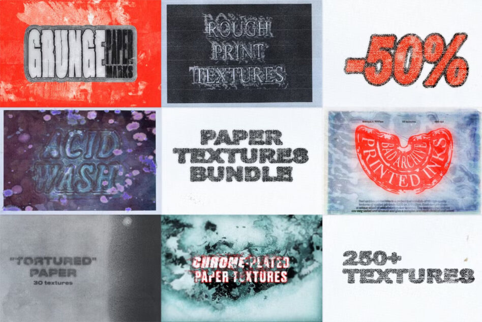 Grid of diverse paper texture designs for artists including grunge, rough print, acid wash, and chrome plated effects. Ideal for design projects.