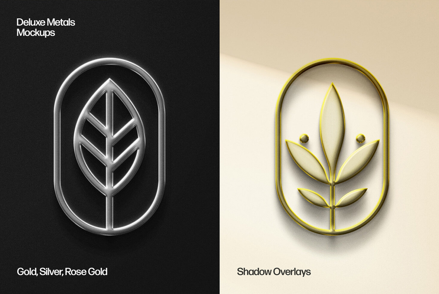 Gold and silver leaf design mockup featuring metal textures. Perfect for designers seeking deluxe metals, shadow overlays, and elegant graphics.