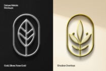 Split screen mockup showing metallic leaf badges in silver, gold, plus rose gold finishes with shadow effects