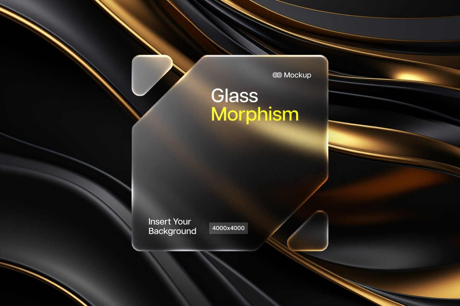 Glassmorphism mockup template with abstract black and gold background ideal for designers. High-resolution digital asset for modern design projects.