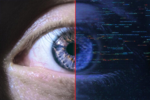 Close-up image of a human eye split with a digital glitch effect. Perfect for graphic design templates and mockups targeting digital designers.