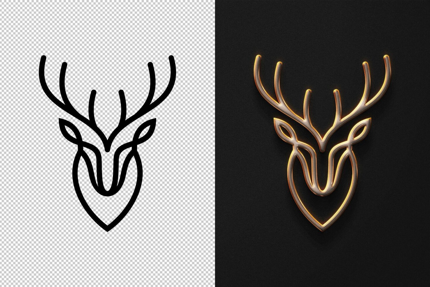 Deer logo design mockup with transparent and black backgrounds. Antlers outline in flat and metallic styles. Ideal for branding and graphic projects.