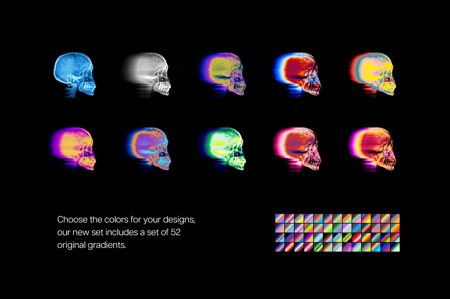 Colorful skull gradient graphic set showcasing vibrant abstract designs ideal for digital projects. Includes 52 unique gradients. Perfect for designers.