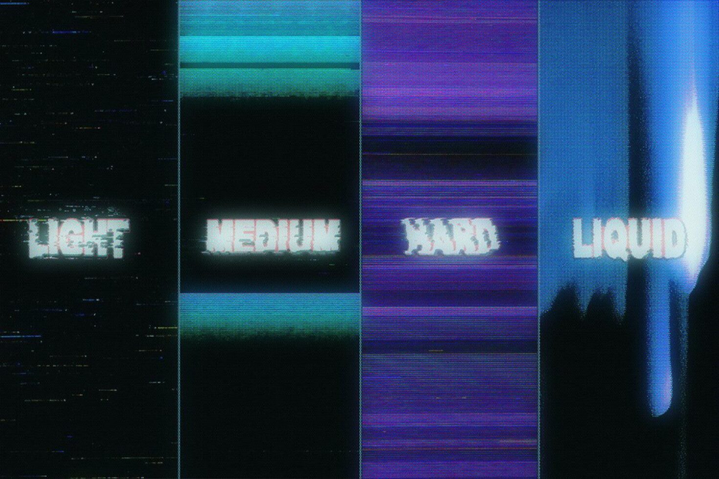 Retro glitch font styles with LIGHT MEDIUM HARD LIQUID text. Perfect for digital design assets. Ideal for designers seeking unique typography graphics.