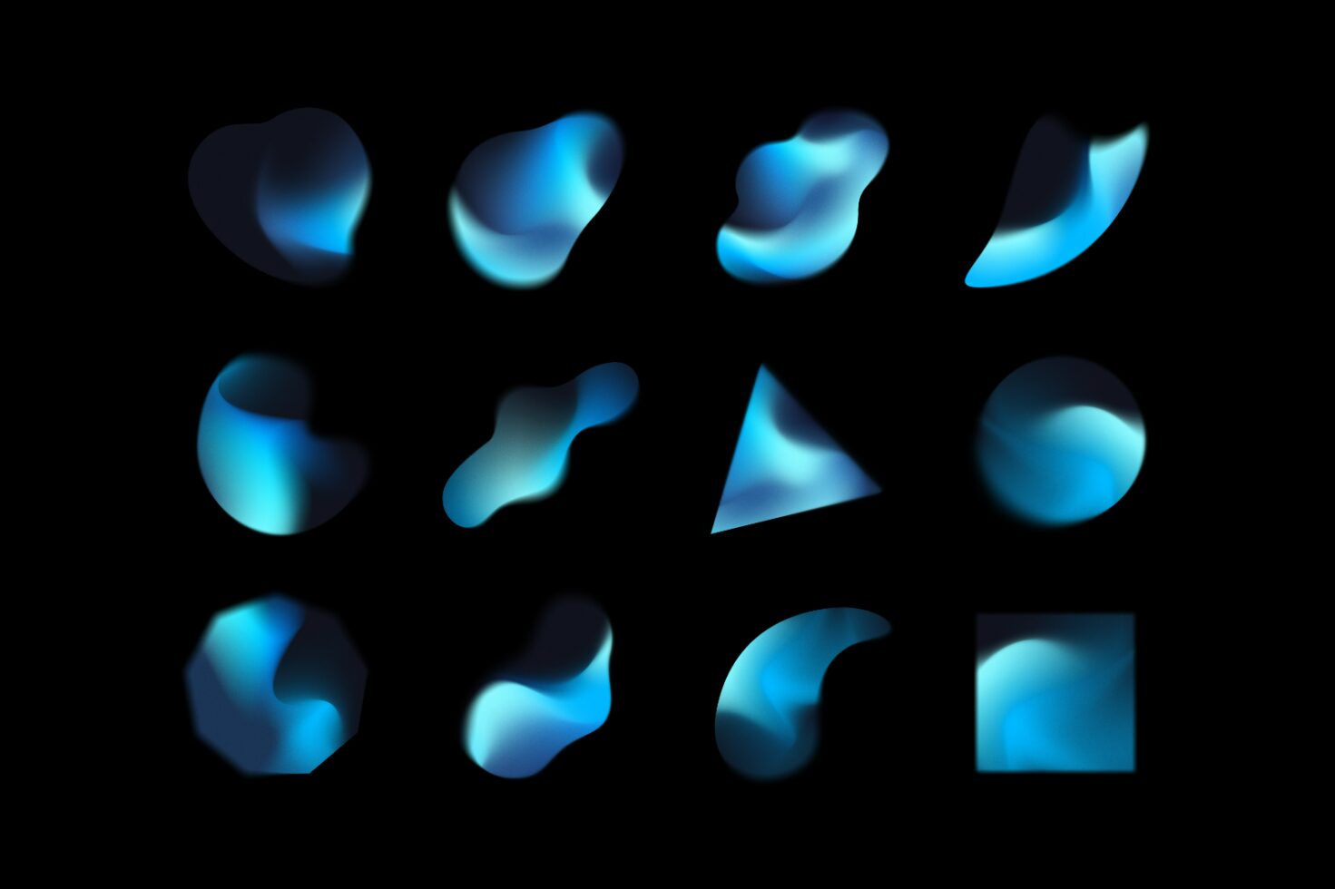 Collection of abstract organic gradient shapes in blue tones on black background perfect for graphic design templates and digital assets for designers.