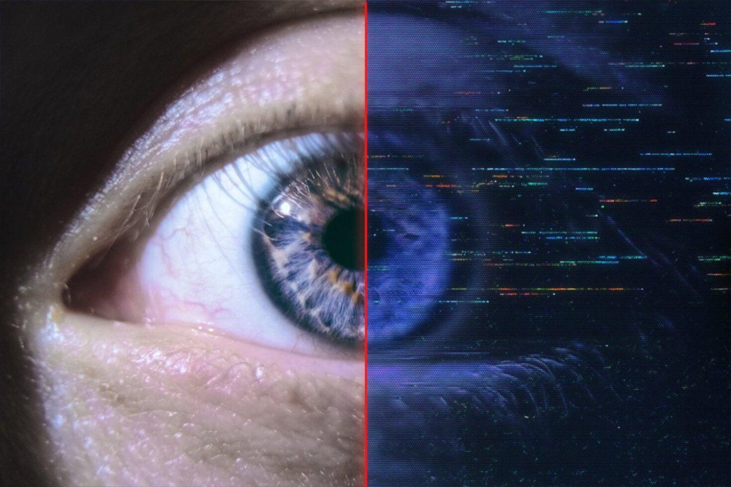 Close-up of a human eye with digital glitch effect, ideal for graphic design projects, highlighting themes of cyberpunk and digital transformation.